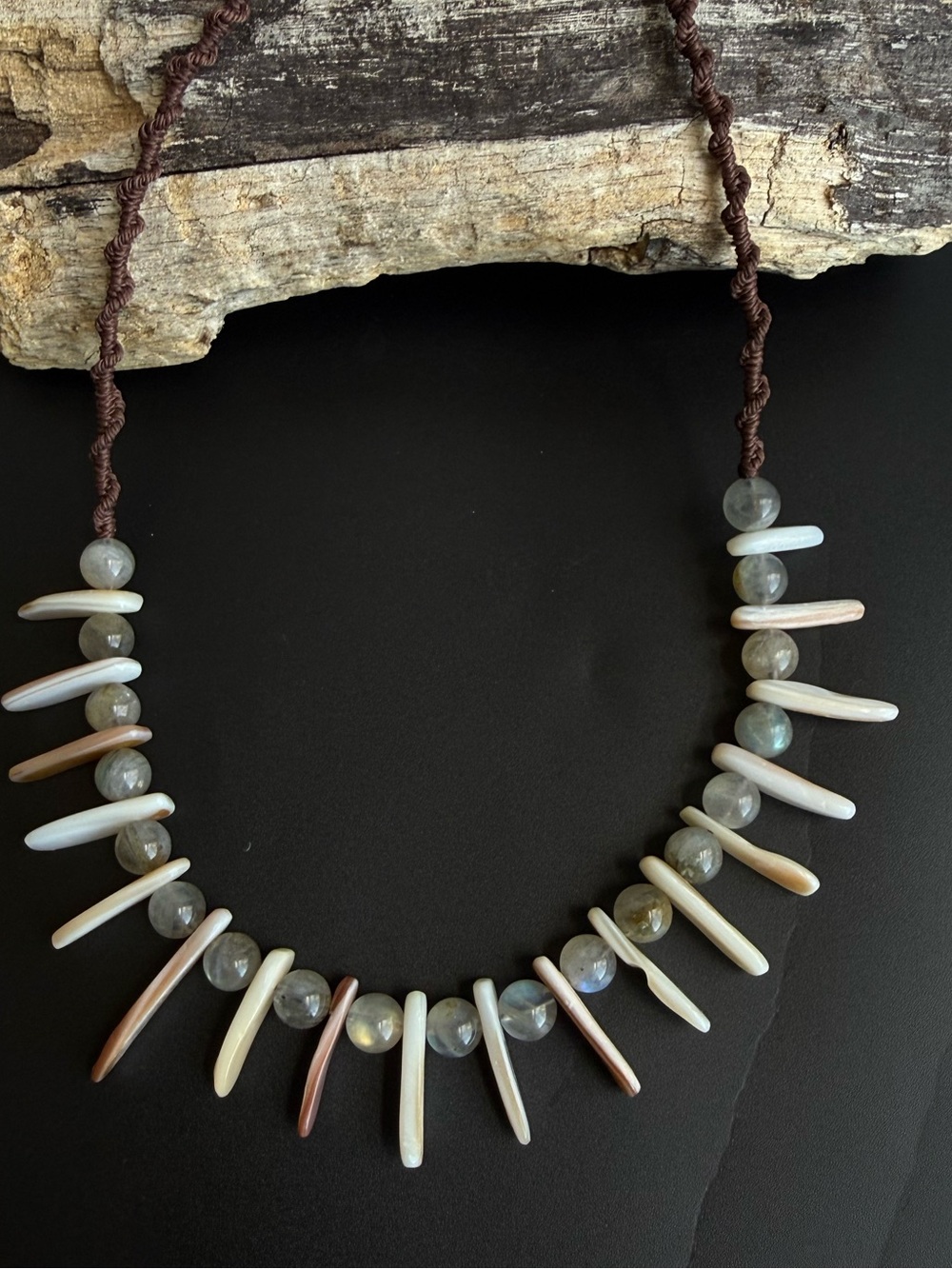 Handcrafted Shell & Labradorite Spike Necklace - Brown/White